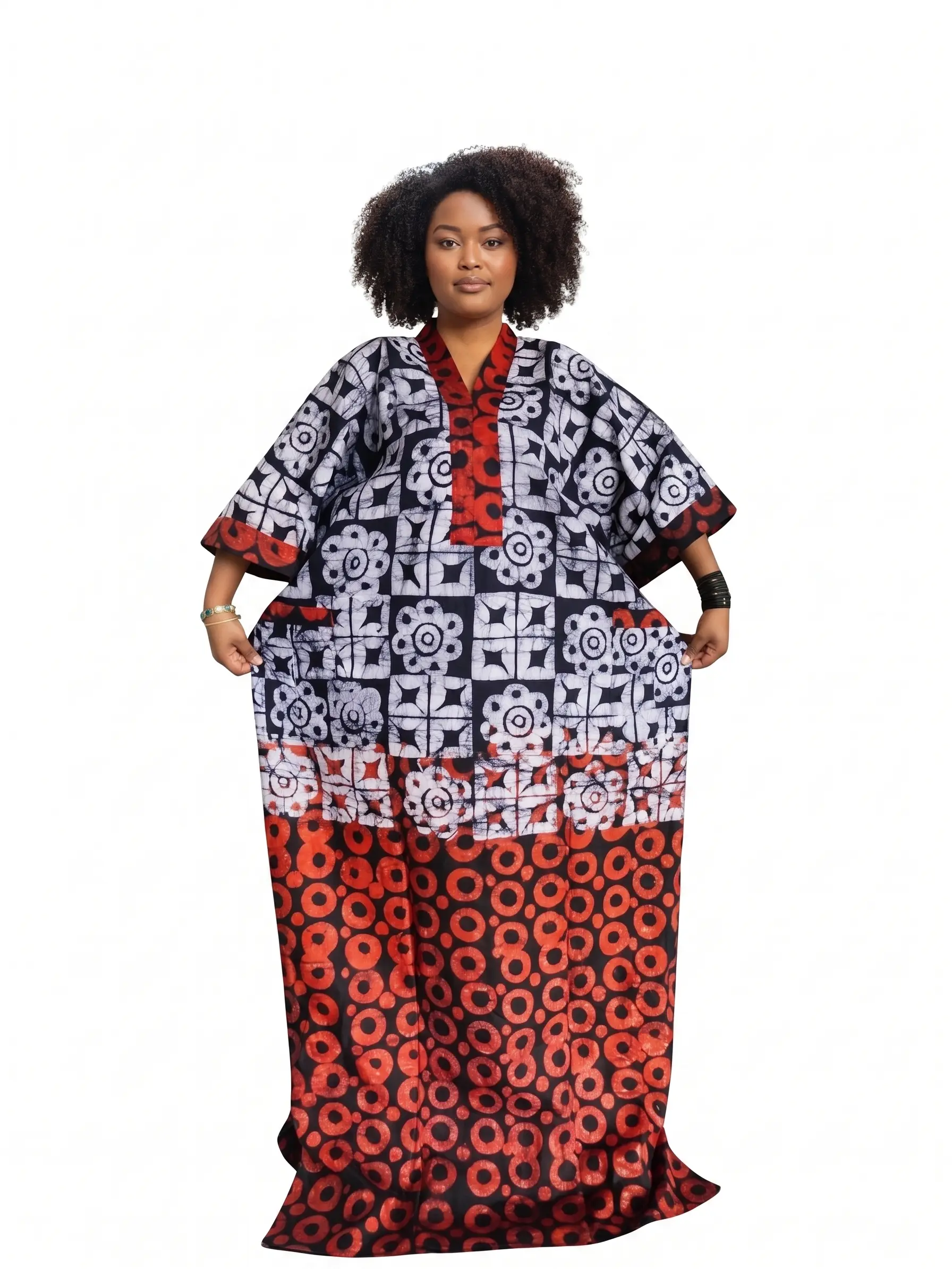 Women's Traditional Oversized Heritage Batik A-Line Cotton Kaftan Maxi Dress - Lightweight Breathable Fabric, Half Sleeve, Geometric Print, Pockets, Bohemian Style, Casual Elegance, African Fashion, Flattering Fit for Ladies, Casual Fashionable Dress, Lad