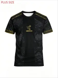 Large Size Mexican Theme Sports Jersey, Men's Aztec Totem Print Short Sleeve T-Shirt, Athletic Style, Breathable Quick-Dry Fan Top, Athletic Wear