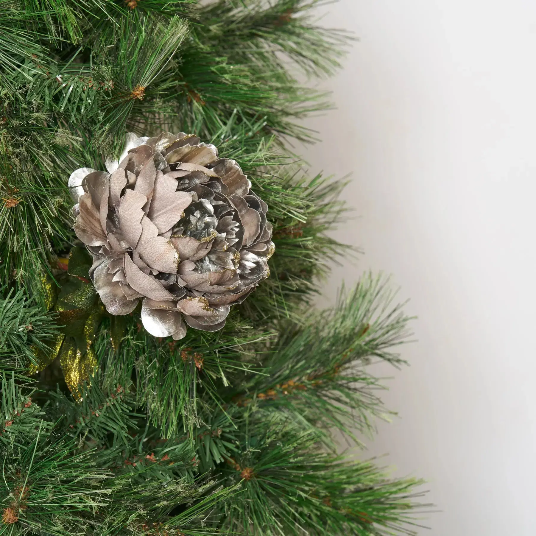 24-in Tall x 5-in Wide Silver/Grey Artificial Peony Decoration, Twistable Wired Bendable Bloom Ornament with Green Metallic Edges, Indoor Festive Home Decor Flowers