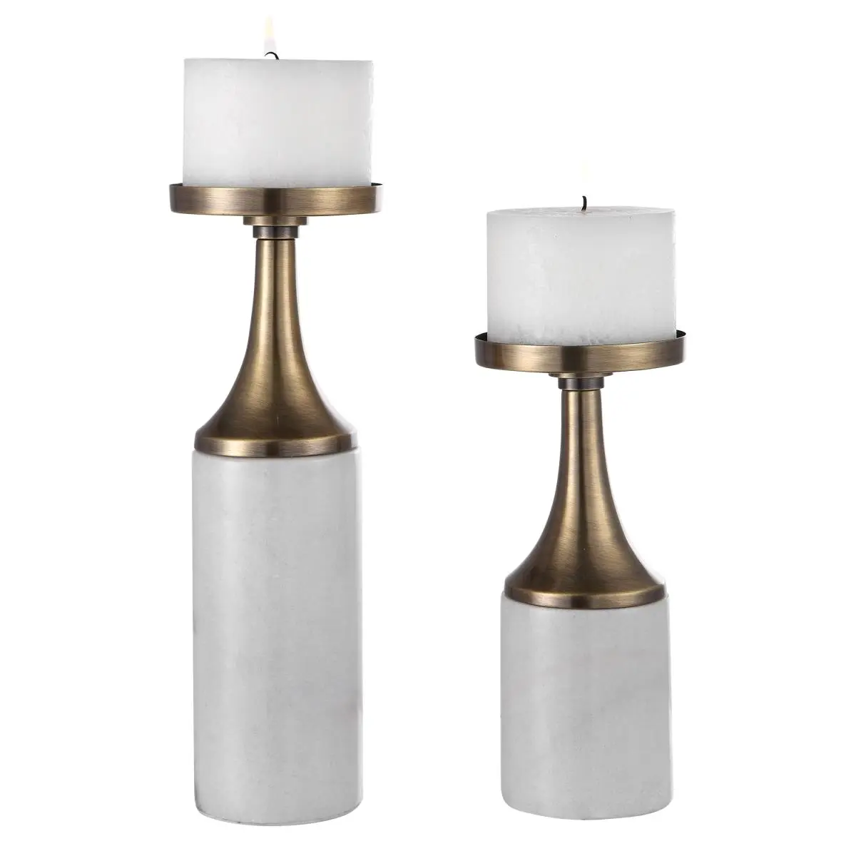 212 Main Designer Stone Candleholders - 17546 Castiel Marble, Antique Brushed Brass Finish, Set of 2, Home Supplies for Candles, Elegant White Marble Foot