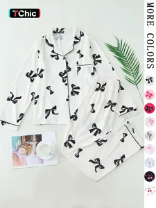 Valentine-Themed Two-Piece Pyjama Set, Women's All Over Bow Print Lapel Neck Pocket Shirt & Pants Set, Casual Comfy Long Sleeve Top & Trousers PJ Set, Women's Sleepwear for Spring & Fall Pajamas