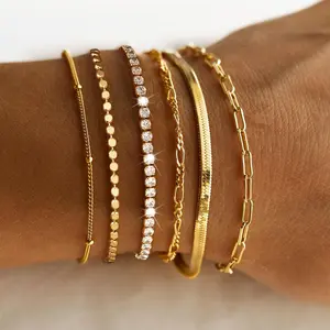 Tewiky Greenish Spring Waterproof Women's Bracelet Set - Trendy Dainty Jewelry Fashion Stackable Tennis Beaded Figaro Herringbone Paperclip Link Bracelet Pack