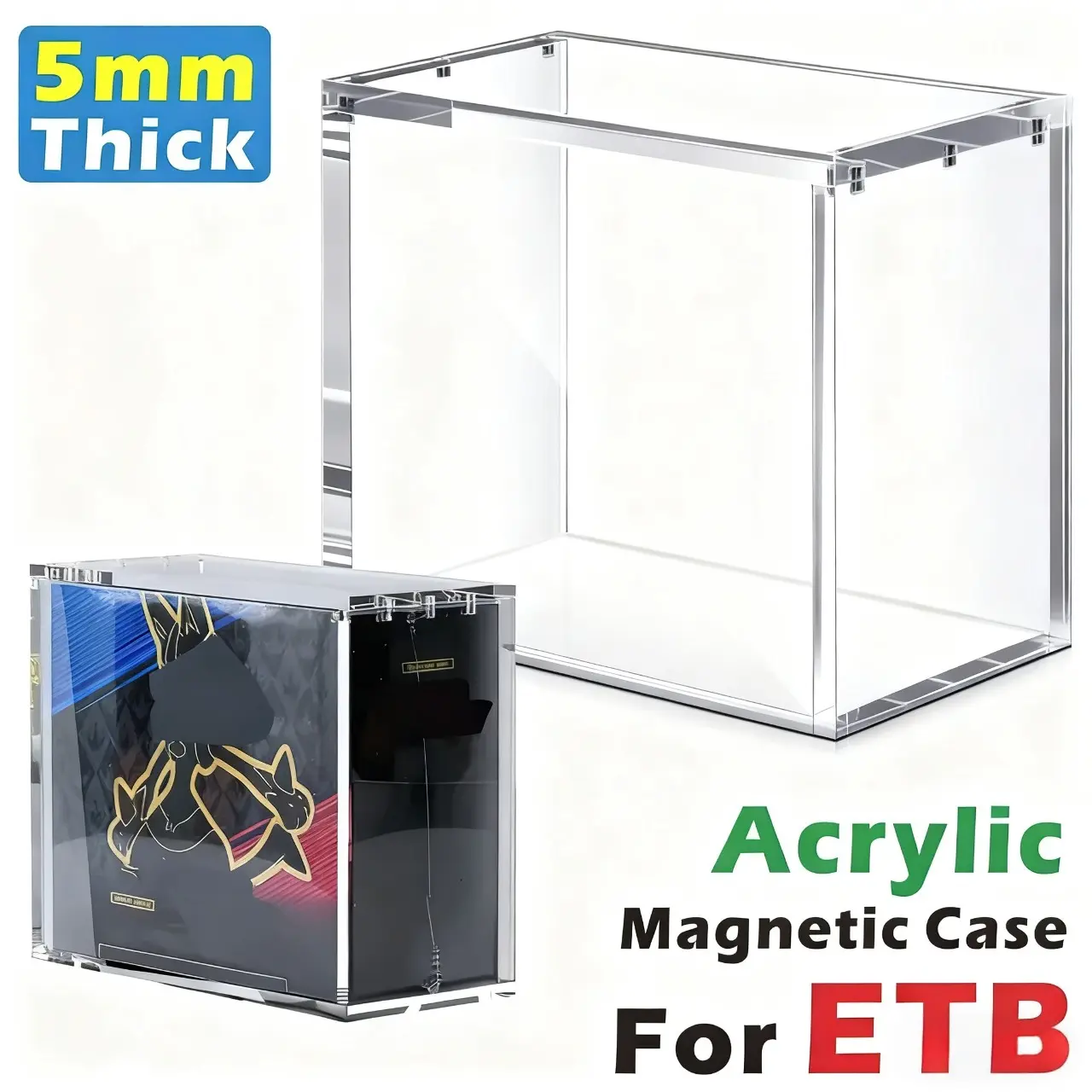 ETB Acrylic Clear Magnetic Display Case, 5mm Thick UV-Resistant Display Box, Magnetic Closure Made Easy Top Loading Ultra Boxes for Display Compatible with PKMN Booster Boxes, 1 Count Dustproof and Waterproof Display Box Card Protector(1-pack)