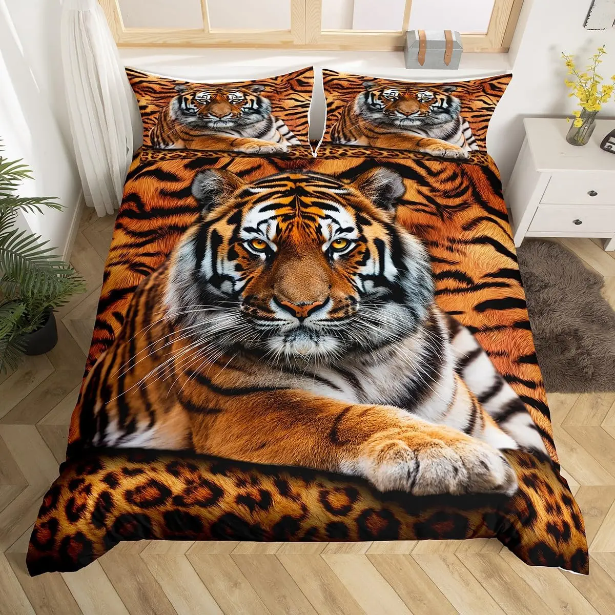 Tiger 3D Print Duvet Cover Set Wild Animals Bedding Set Room Decor,Animal Fur Cover Soft Breathable Quilt Cover