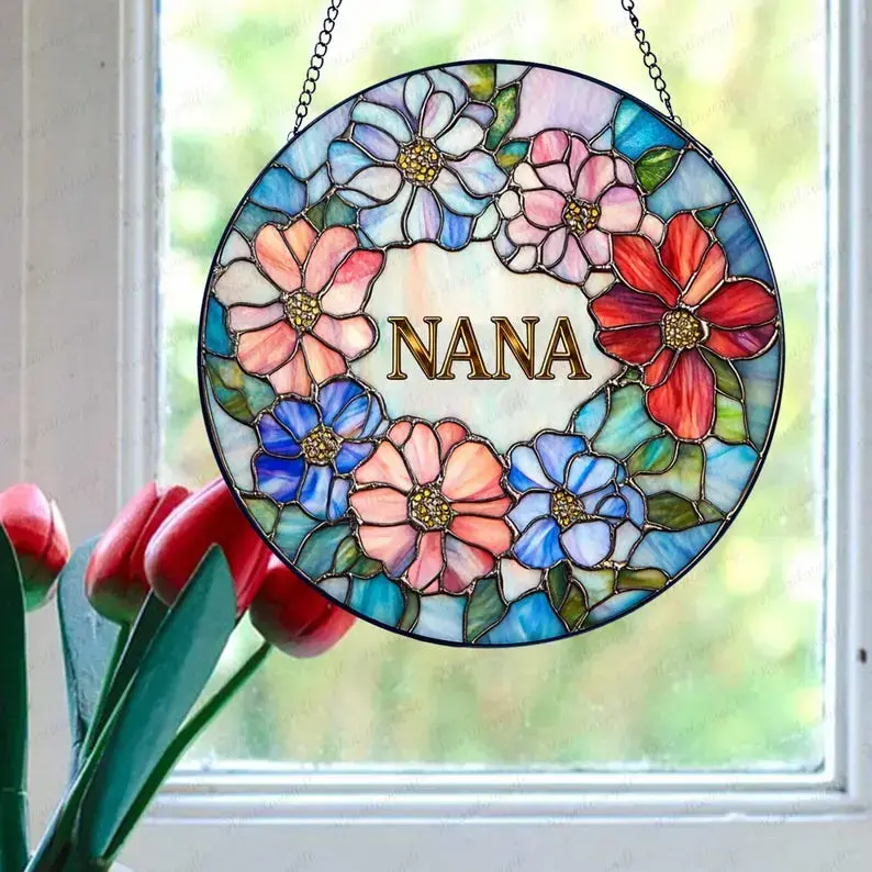 Personalized Nana/GiGi Glass Suncatcher, Floral Nana Gift,  Elegant Gift for Grandma, Mothers Day Gift, Wildflowers Window Hanging, Colorful Wildflowers Garden Suncatcher, Floral Glass Art, Gift for Mom