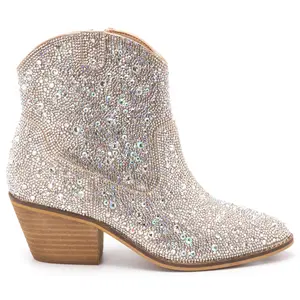Corkys Womens Shine Bright Rhinestone Pull On Round Toe Zippered Dress Boots Ankle Low Heel 1-2" - Silver