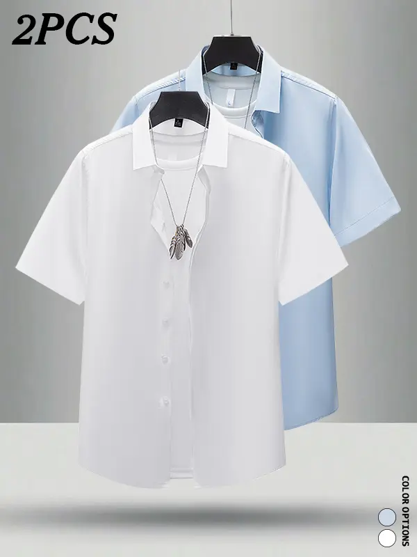 2-pack feature double-button front short-sleeve shirts—no ironing needed, resists wrinkles, loose fashionable fit; simple, fresh casual tops for men’s everyday outings.