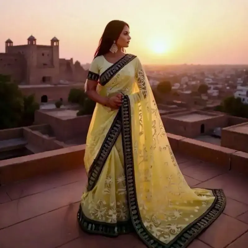 Women's Traditional Chiffon Saree - Chickenkari Embroidered, with Matching Stitched Blouse, Formal Bridal Party Wear Dress, Elegance, Fabric, Lady, Elegant, Clothes, Women's Clothes, Embroidery, Saree Set, Chickenkary Embroidery, Full Length