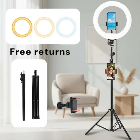 【BackToSchool】10" Dimmable Adjustable Neutral Halo Soft Glow Selfie Light Kit, USB-Powered, 63" Reach Adjust Aluminium Tripod-Light Stand, Foldable Portable, Cellphone Holder with 3 Color Modes & Brightness Adjustment for Live Streaming, Vlogging