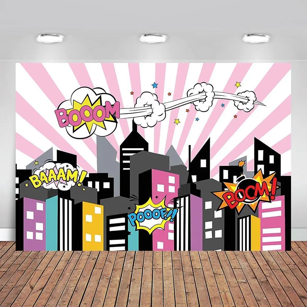 Superhero Cityscape Theme Photography Backdrop, Cartoon Pattern Birthday Party Decorations, Background Banner for Photo Shoot, Photobooth Studio Props