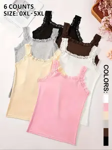 Women's Multi-Color Comfortable Casual Sleeveless Lace Trim Tank Tops Underwear Sleepwear, 1/6 Pcs Set, Wearable Outerwear, Soft & Stylish Design