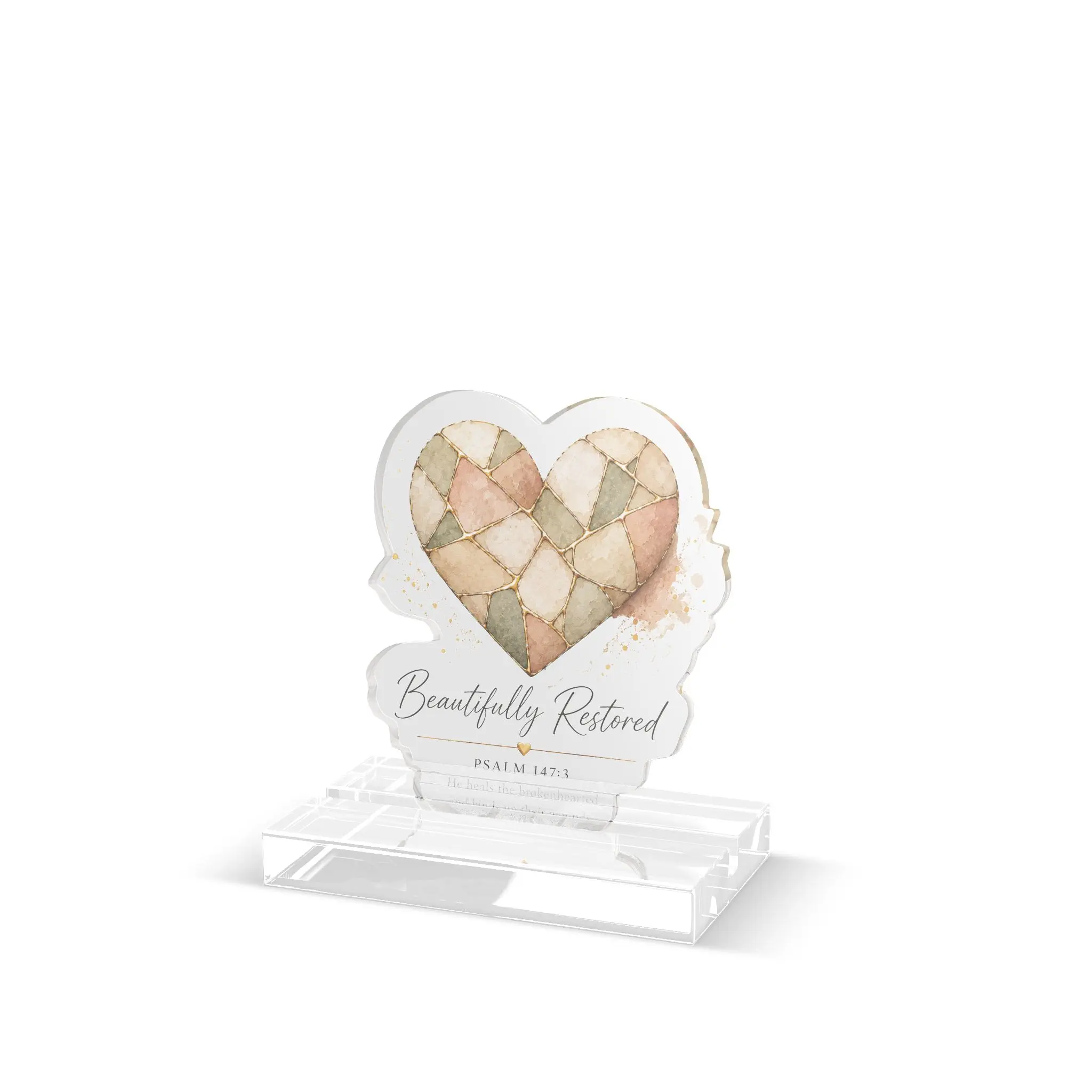 Patchwork Heart acrylic Custom Cut Standee | Beautifully Restored scripture design
