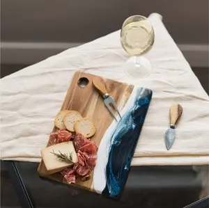 Lynn & Liana Small Acacia Cheese Board - Navy While Metallic - 8" x 11"