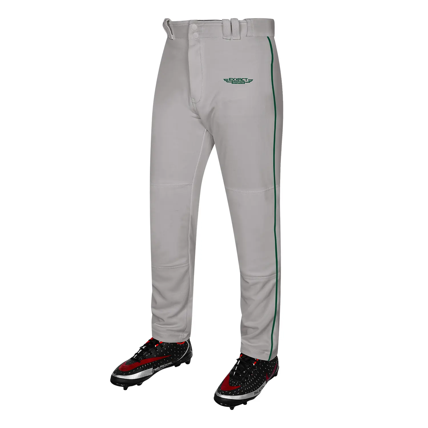Exxact Sports Men's Polyester Knit Baseball Pants with Piping - Belt-Included, Full-Length, Semi-Relaxed Fit, Open Bottom, Moisture Wicking, Sizes S-XXL, Grey/Dark Green Piping, All-Season Professional Sports Apparel, Belt Loops, Two Back Pockets