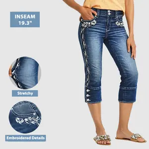 Flamingals Plant Embroidery Button Decor High Waist Skinny Capri Jeans Stretchy 19.3 Inseam