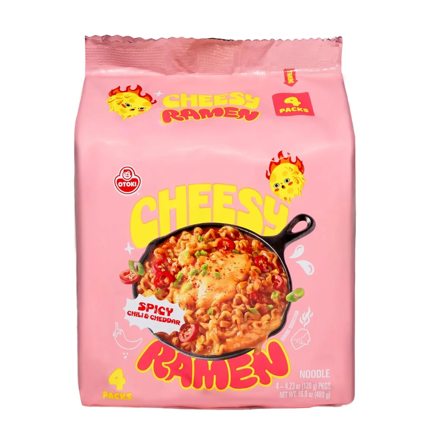 OTOKI Stir-Fry Creamy Cheese Ramen - Spicy Chili & Cheddar Flavor, Bold Food, Korean Instant Noodles (4 Pack, 15.66oz), Cheesy Ramen, Packaged Bowl Instant Noodles