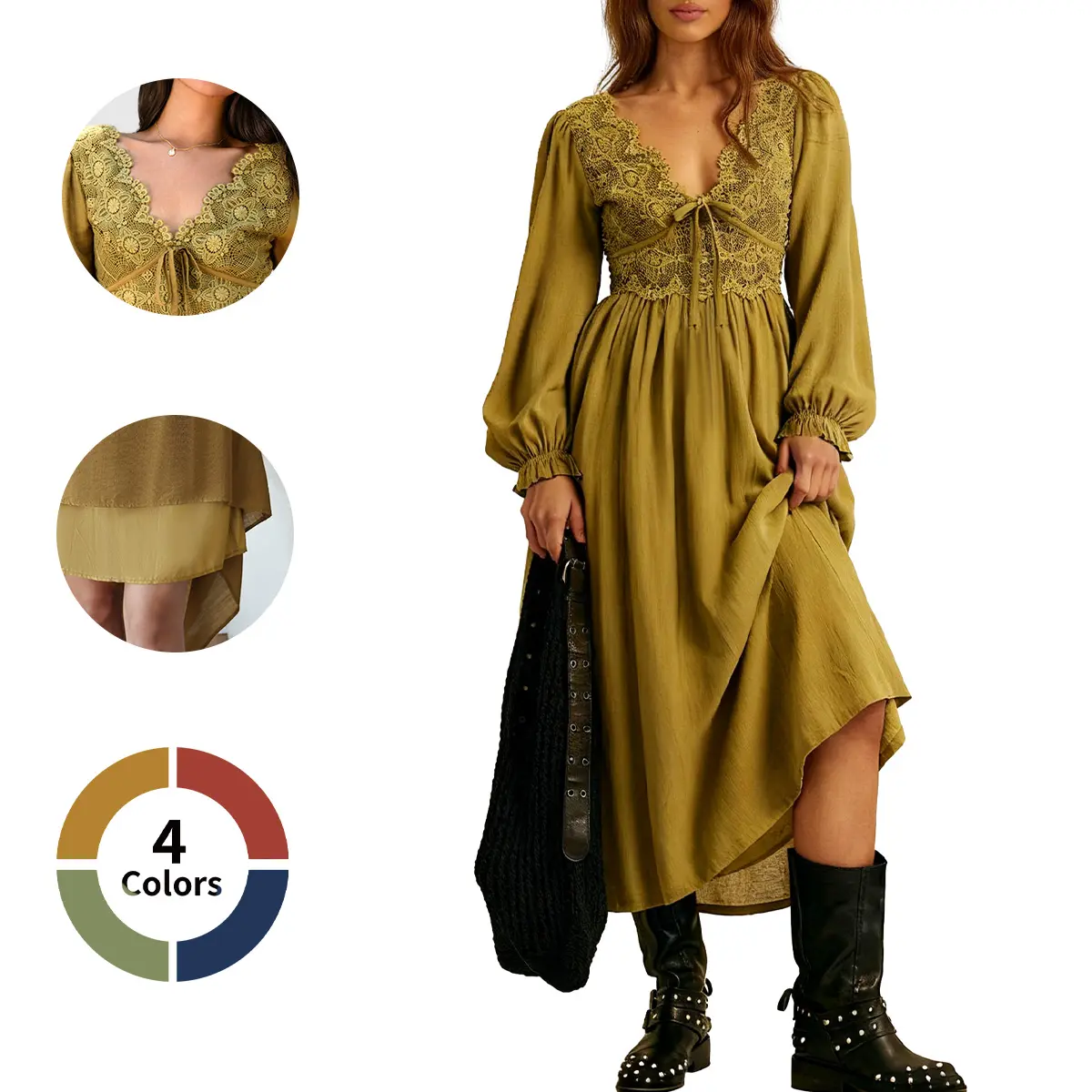 Chicovar Women's Boho Maxi Dress Lace V Neck Puff Sleeve Vintage Flowy Dress for Spring Date Nights, Vacation & Party, Festive Holiday Dress for Christmas | Low Iron Care, Summervibes