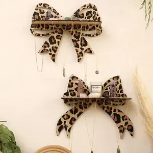 Wooden Bowknot Design Wall Mounted Shelf, 2 Counts/set Leopard-print Wall Hanging Jewelry Display Rack, Home Organizer for Living Room Bedroom, Decor, Wall Mounted Holder