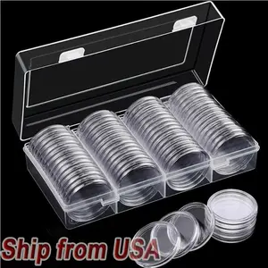 60Pcs 40mm Clear Coin Capsules Storage Box Holder + Case Coins Container