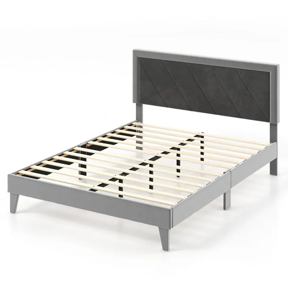 Spaco Velvet Upholstered Queen Size Platform Bed Frame with Headboard - Black Accents, Freestanding, Modern Style, Low Profile, Contemporary Mattress Foundation, Noise-Free, Easy Assembly, Black Accents Beds, Freestanding Frame Beds