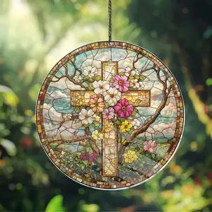 Cross & Wildflower Acrylic Suncatcher – Christian Window Hanging, Religious Faith Decor, Floral Cross Gift