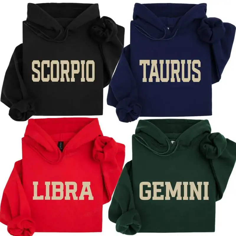 Women's Casual Printed Pullover Hoodie - 12 Zodiac Vintage Varsity Letter Graphic, Cozy 100% Cotton OEKO-TEX Certified Top, Retro Horoscope Constellation Design, Ideal Birthday Gift Green Grey