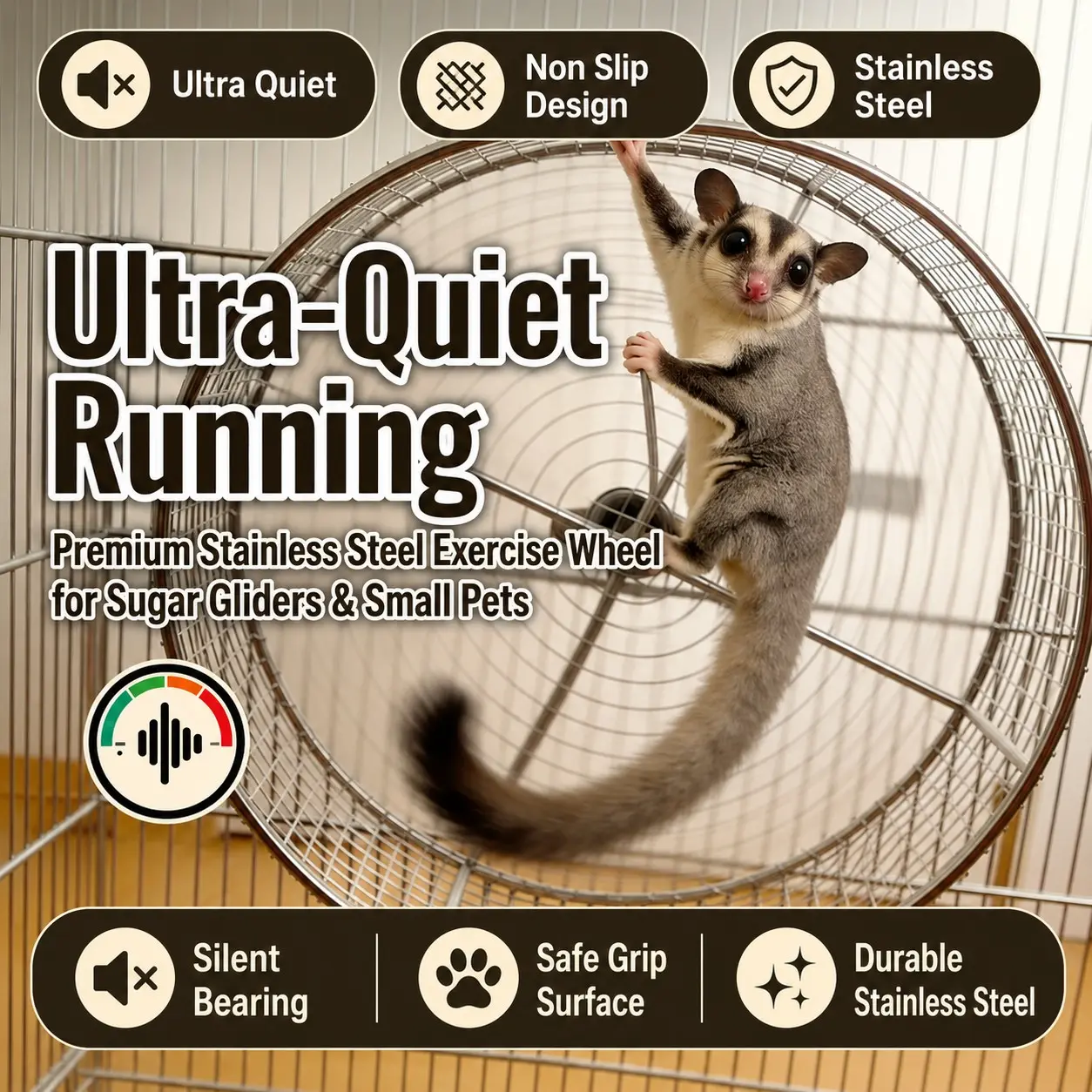 Stainless Steel Sugar Glider Wheel Ultra Quiet Non Slip Exercise Running Wheel for Small Pets Hamster Running Wheel