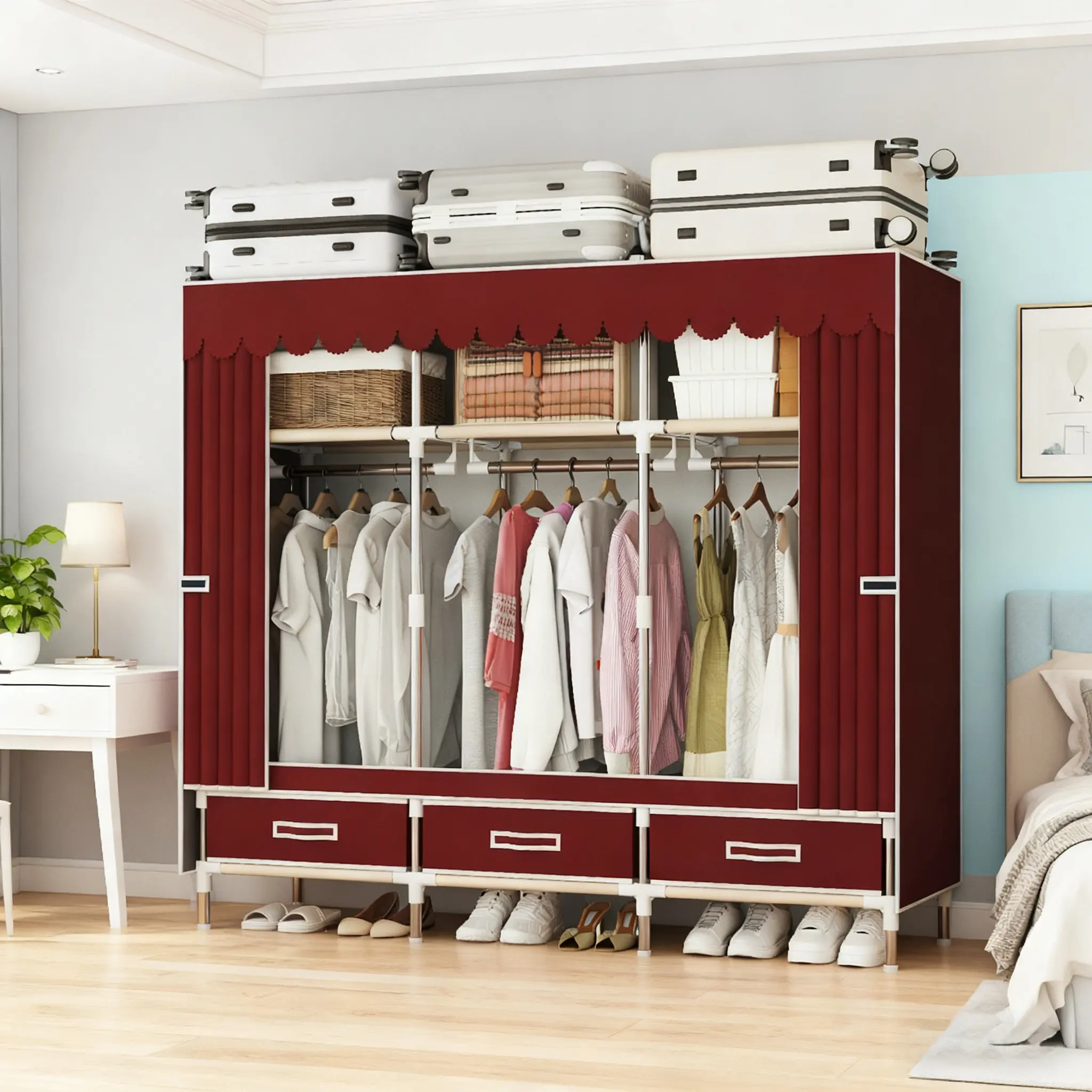 Portable Wardrobe Closet, 16mm Steel Frame Clothes Rack with Non-Woven Fabric Cover, Freestanding Closet Organizer with 3 Hanging Rods & 3 Shelves and 3 Drawers, Metal wardrobe closet for Bedroom，Dormitory，Apartment.