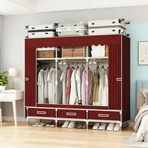 Portable Wardrobe Closet, 16mm Steel Frame Clothes Rack with Non-Woven Fabric Cover, Freestanding Closet Organizer with 3 Hanging Rods & 3 Shelves and 3 Drawers, Metal wardrobe closet for Bedroom，Dormitory，Apartment.