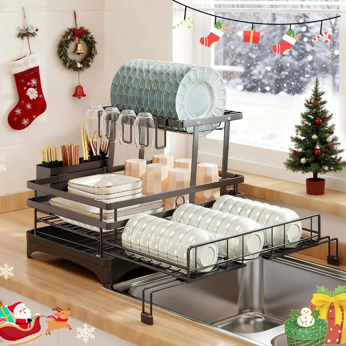 2-Tier Compact Folded Expandable Over Sink Dish Drying Rack, Pull-Out Drainer with Utensil Holder, Space-Saving Kitchen Organizer for Small Kitchens with Drainage Functionality