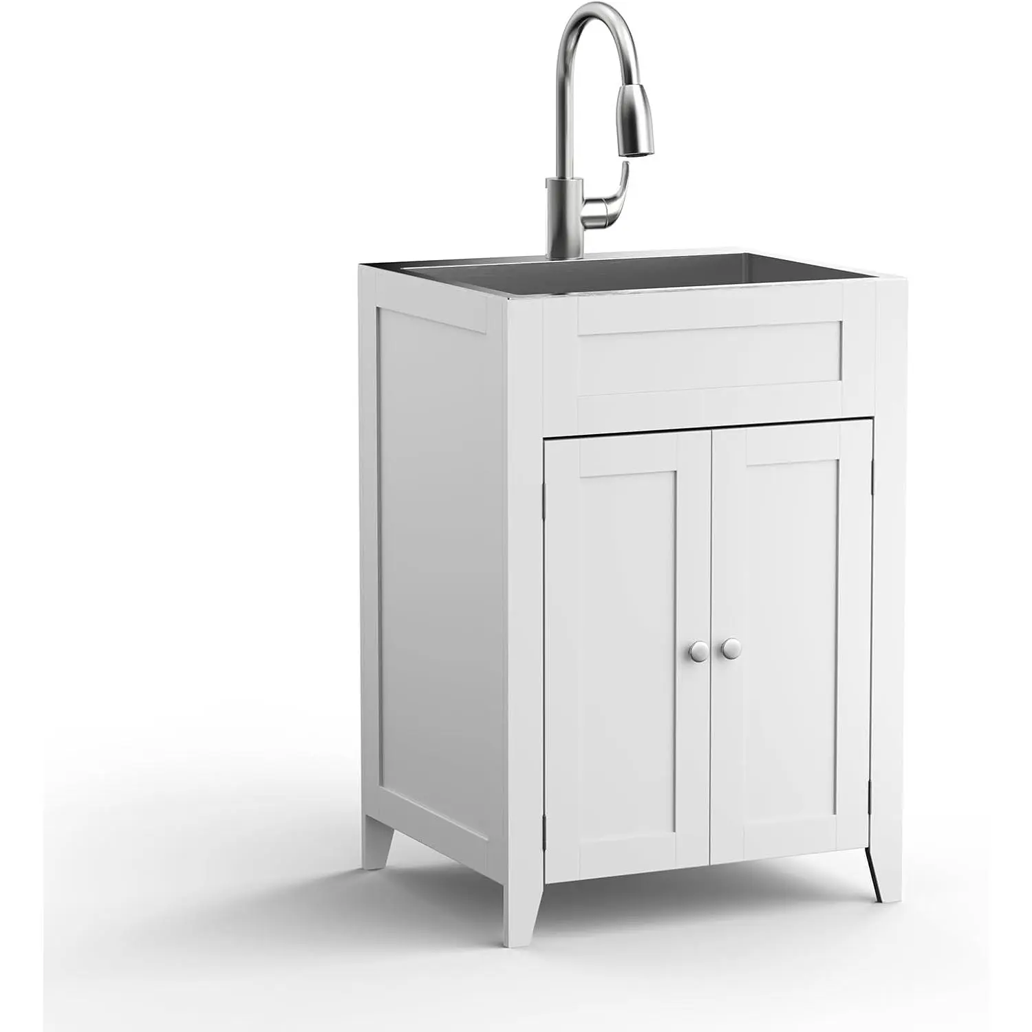 VINGLI 24-Inch Laundry Sink with Cabinet and Pull-Out Sprayer Faucet, Stainless Steel Utility Sink with Cabinet, White Cabinet with Sink for Laundry & Utility Room, Kitchen, Bathroom, Basement