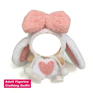 Pastel Pink & White Bunny Floppy Ear Outfit for Plush Collectible Figurines, Ultra-Soft Hooded Costume, Cute Aesthetic Accessory for Adult Collectible Shelf Styling