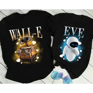 100% Cotton Retro Valentines Wall-E and Eve 90s Portrait Couple T-Shirt, Family Matching Tee Valentines Day Gifts Unisex Adult Tee - 1 piece