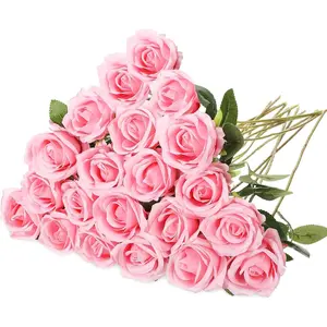 Real Touch 20 Count  Rose Artificial Roses Bulk Real Plastic Bouquet for  and Bridal Wedding Party Decorations
