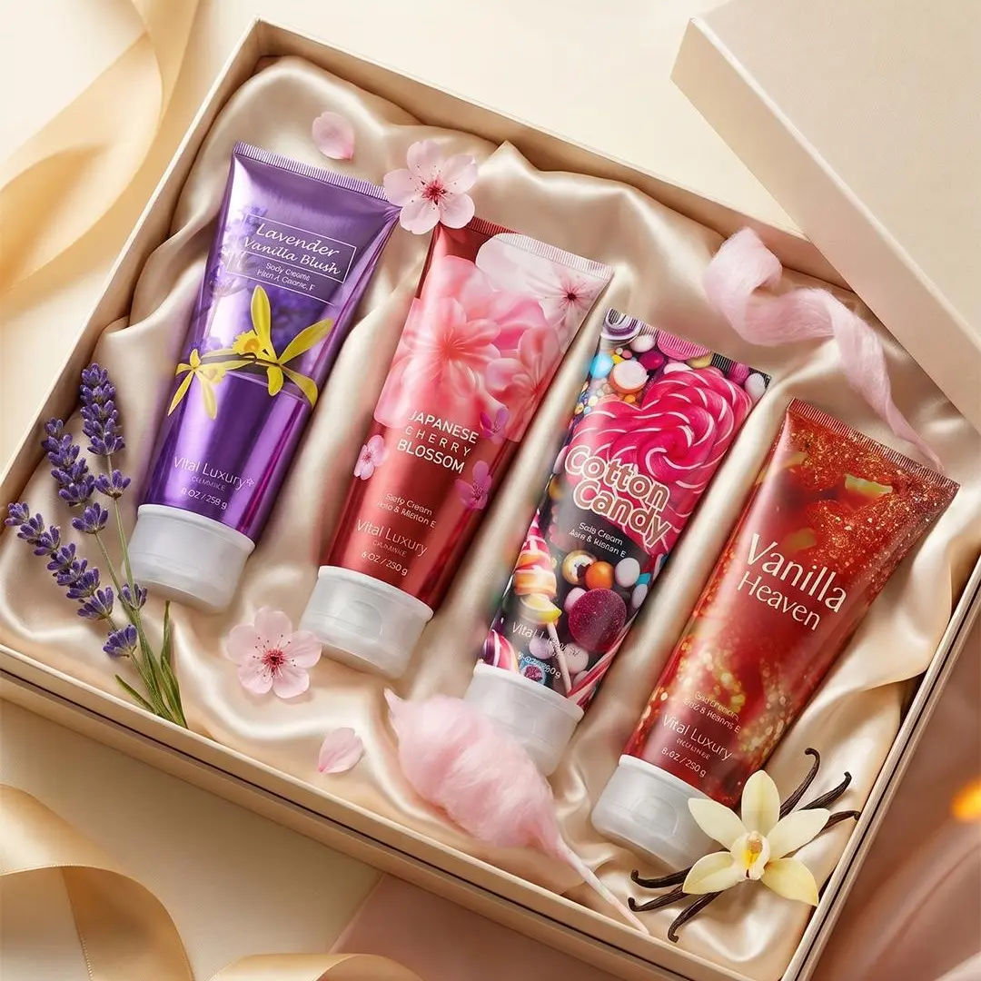 Vital Luxury 4-Scent Collection Body Cream (8oz/226g) – Japanese Cherry Blossom, Cotton Candy, Vanilla & Lavender Body Butter Lotion, Ultra Smooth & Soft Skin Moisturizer with Aloe Vera, Perfect Birthday Gift for Women, Body Care, Hydrating