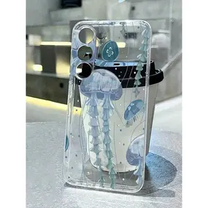 Ocean 1pc Fashionable Jellyfish Print Thickened Anti-Drop Transparent Painted Phone Protective Case, Galaxy S25/S25PLUS/S25 Ultra/A16/A36/A26/A56/A50/A12/A32/A52/A72/A51/A21S/A13/A14/S24/S24PLUS/S24Ultra,S22/A52/A53/A54/A55/,
