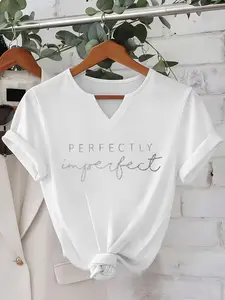 Women's V Neck Short Sleeve T-Shirt, Casual Everyday, Letter Print, Small Open Collar Design, Breathable Comfort, Spring Summer Wear