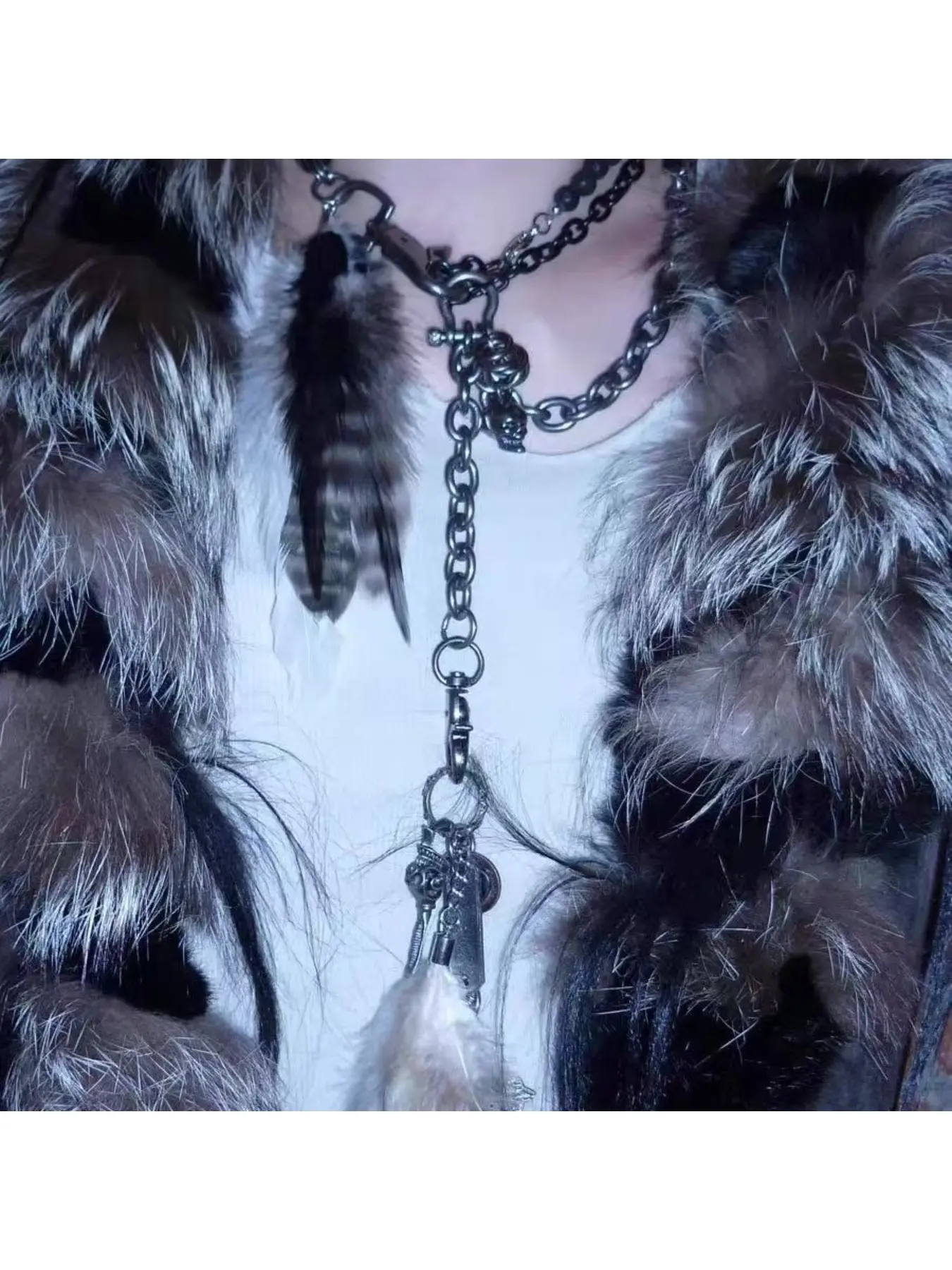 Hand-made visual feather skull cross multi-layered retro keychain Key Accessories pants chain necklace dual-purpose versatile model Gothic Cross Charismatic Keychain