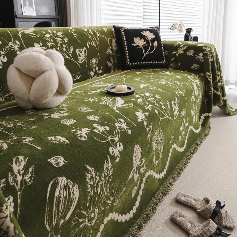 Floral Pattern Sofa Cover, Decorative Sofa Cover, Sofa Slipcover, Sofa Couch Covers, 1 Count Non-slip Sofa Blanket, Soft Sofa Cover with Tassel Design, Sofa Bed Decor for Home Living Room
