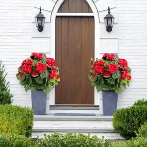 21in Artificial Begonia Ball Tree with Ground Spike-Fake Silk Topiary Trees for Home Decor Garden Patio and Indoor 2 Pack Red Begonia Decorative Flower Fruit Plants