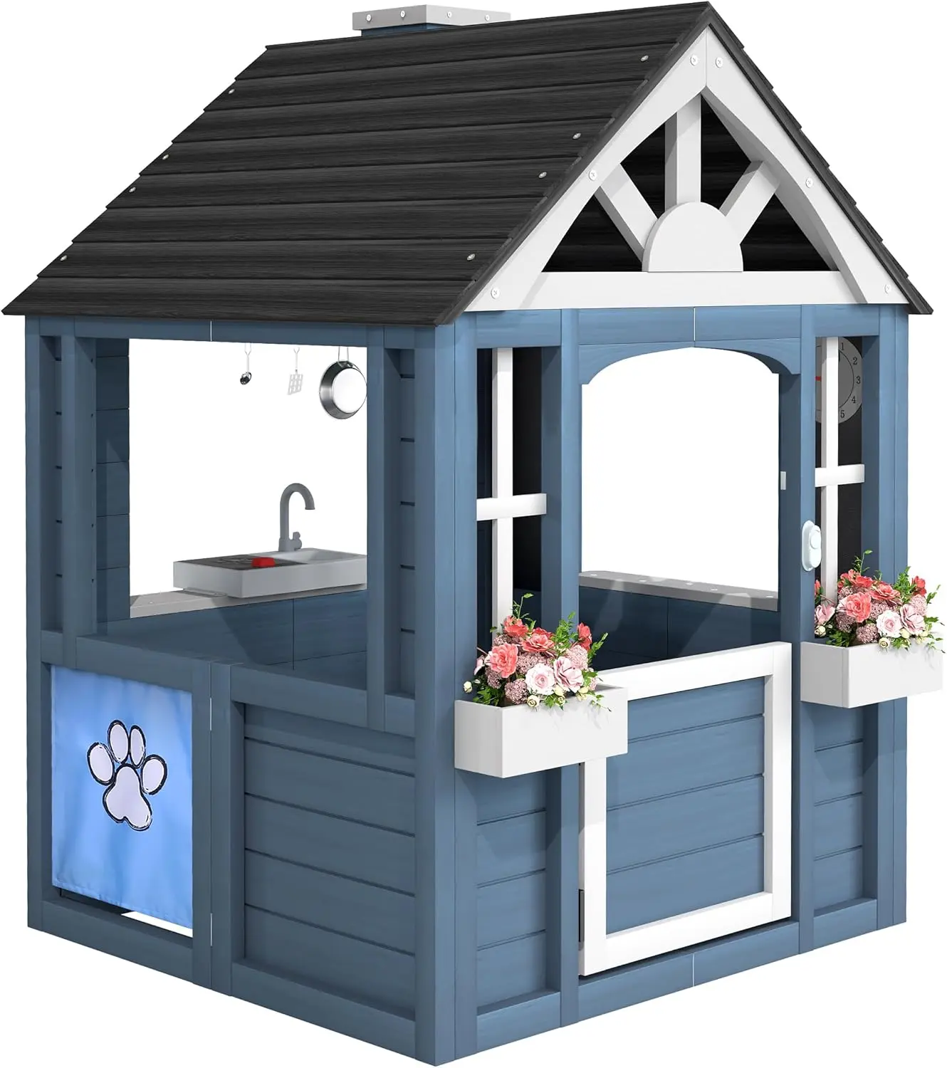 Jocoevol Kids Outdoor Playhouse, Cedar Wooden Playhouse with Kitchen, Pet Door, Sink, Stove, Cookware, Windows, Flowerpot Holders, and Ringing Doorbell, Perfect Backyard Cottage for Imaginative Play