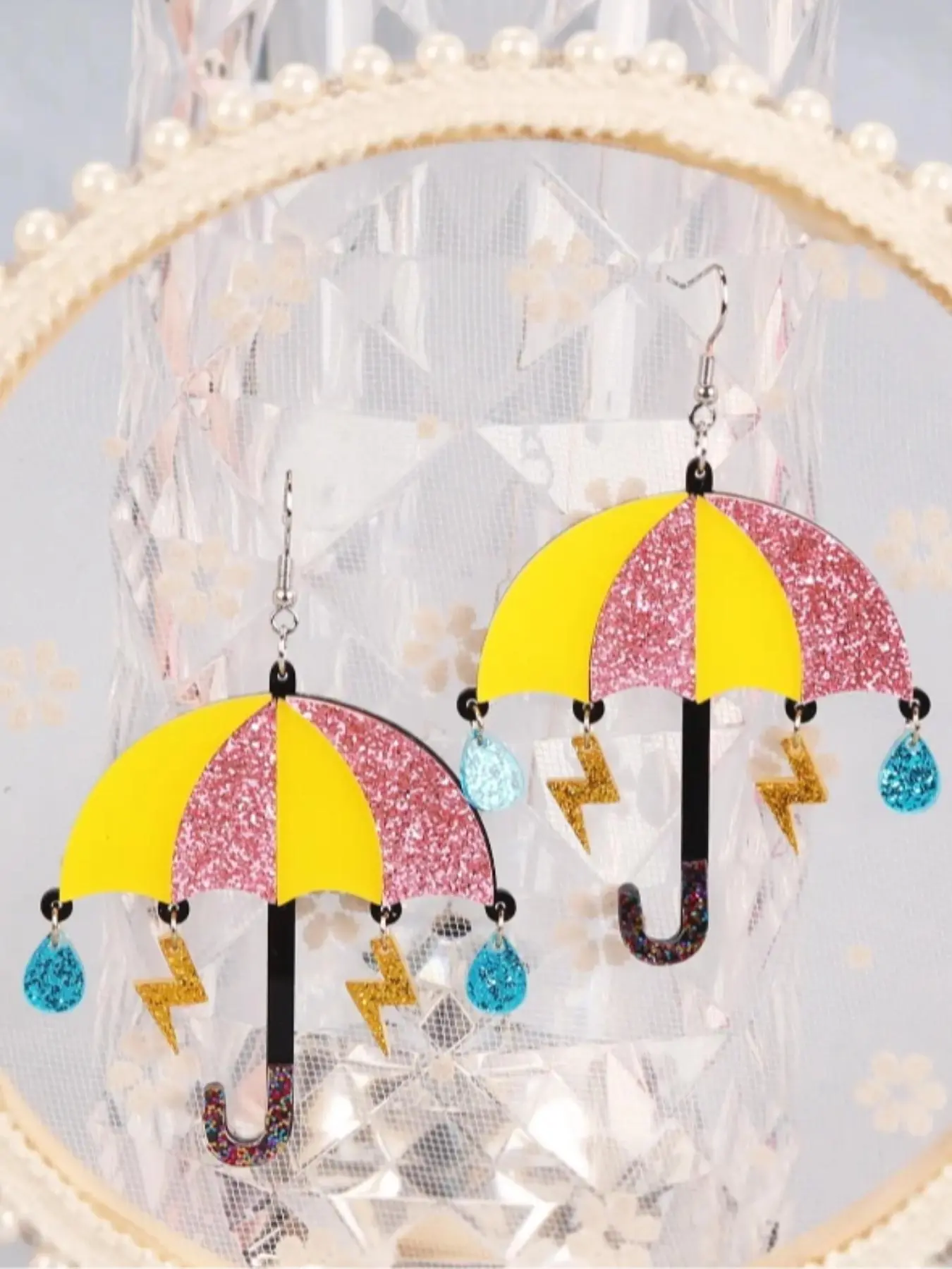 Colorblock Umbrella Design Dangle Earrings (1 Pair), Acrylic Earrings, Unique Design Earrings, Glitter Raindrop & Lightning Shaped Earrings for Women for Gift, Fashion Accessories for Party, Daily Clothing Decor