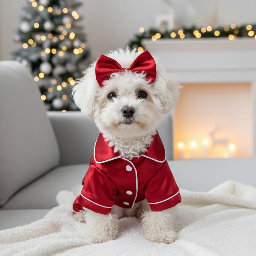 Pet 2-Piece Cozy Silk Pajama Set with Bow Headband, Soft Sleepwear for Small Dogs (Teddy, Bichon, Pomeranian) & Bulldogs, Red Comfortable Nightwear for Puppies & Cats