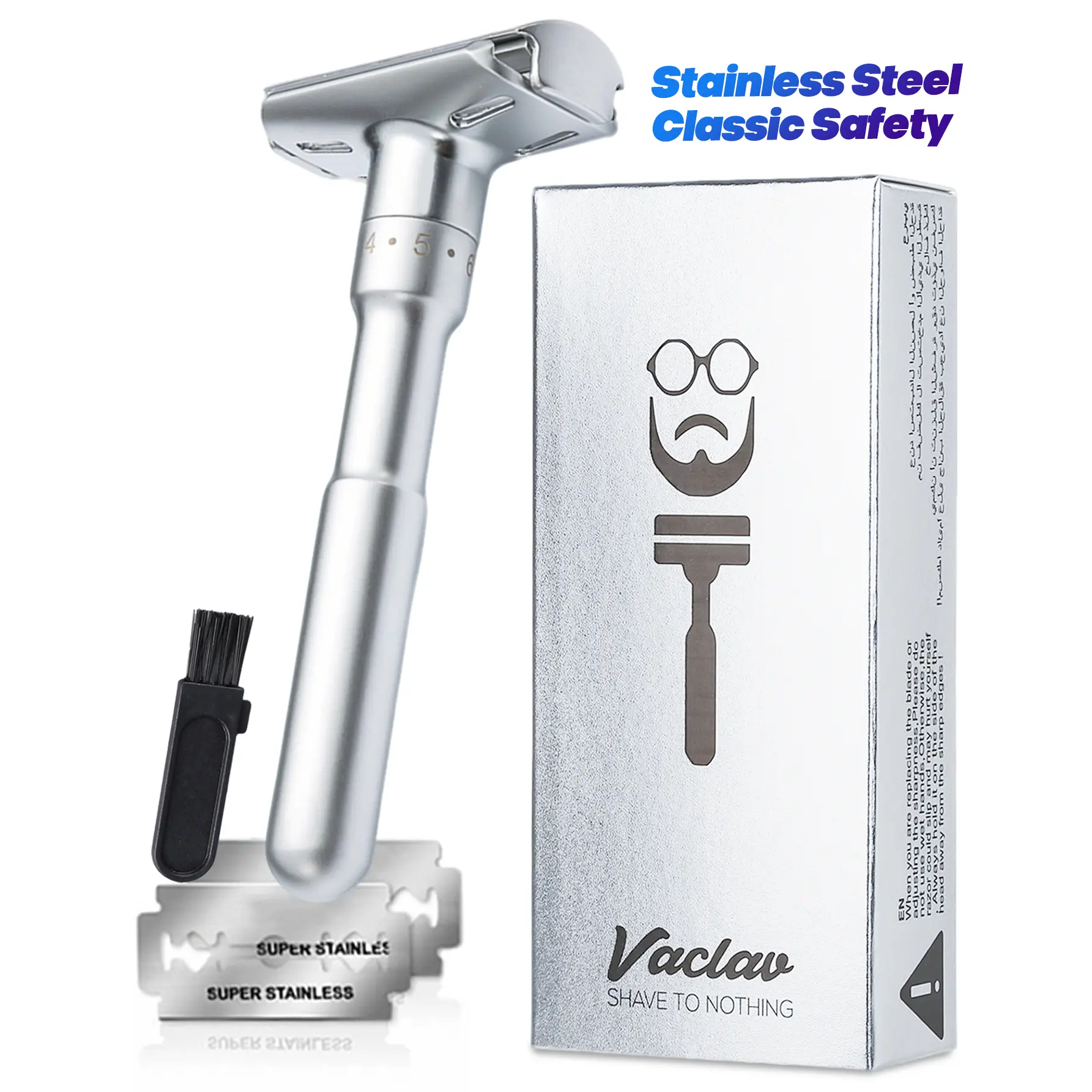 Vaclav Men's Traditional Safety Razor, Classic Manual Shaver, Facial Hair Removal, Durable Stainless Steel, Ideal for Beginners,Includes 5/10/15/20Pcs Blades, Portable Reusable Razor