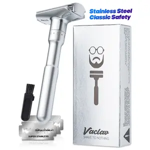 Vaclav Men's Traditional Safety Razor, Classic Manual Shaver, Facial Hair Removal, Durable Stainless Steel, Ideal for Beginners,Includes 5/10/15/20Pcs Blades, Portable Reusable Razor