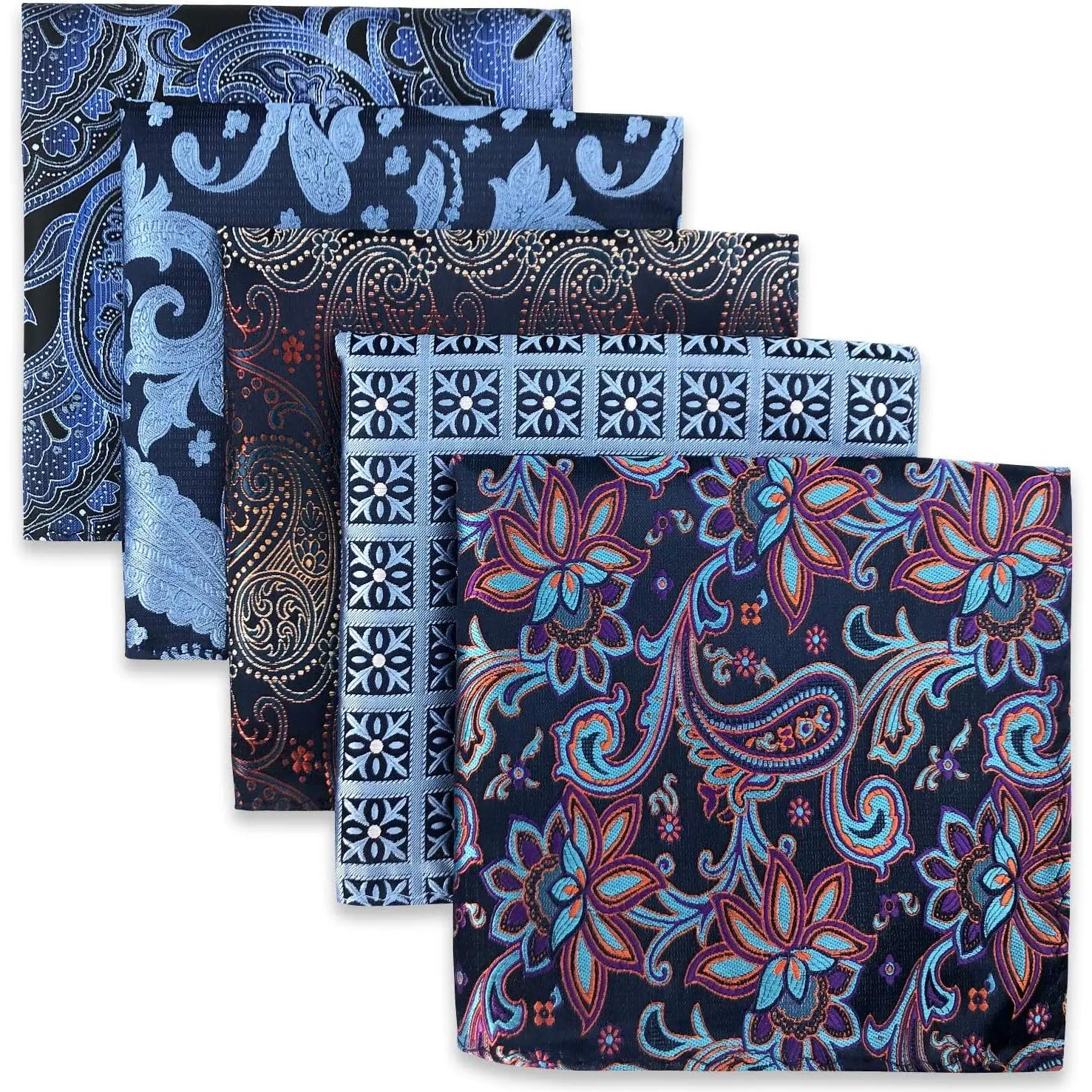 Male Silk Pocket Square Set - 5-Count Handmade Non-Pre-Folded Handkerchiefs, 12.6x12.6in, Premium Craftsmanship, Dry Clean Only