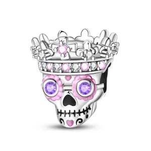 925 Sterling Silver Glow Crown Skull Charm, Romantic Gothic Jewelry DIY