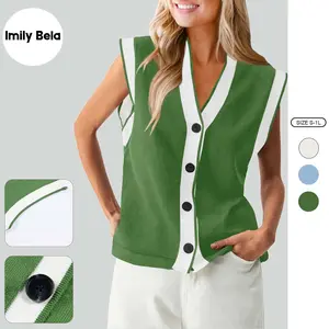 Imily Bela Womens V Neck Sweater Vest Button Down Cap Sleeve Summer Trendy Color Block Loose Knit Tank Tops