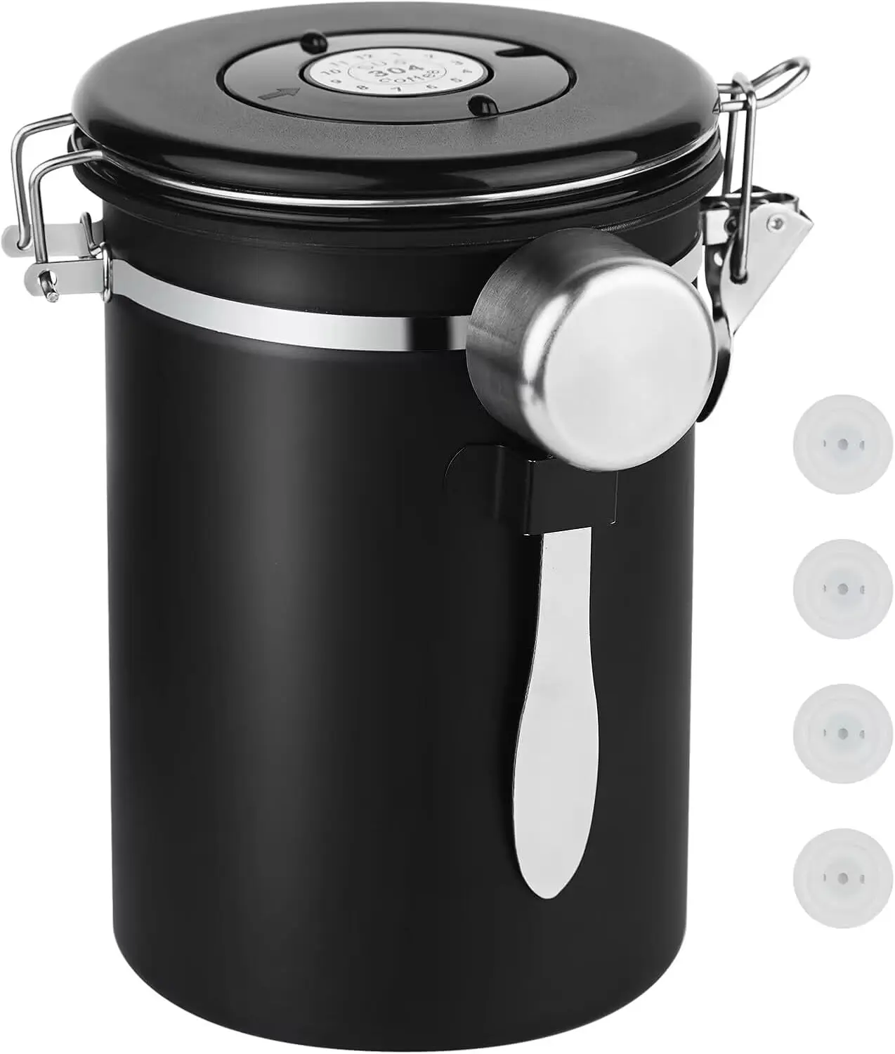 22OZ Airtight 304 Stainless Steel Coffee Canister - 1-Way Degassing Valve, Measuring Scoop Included - Sealed Storage Container for Kitchen Counter, Beans, Tea, Nuts, Fresh Keeper