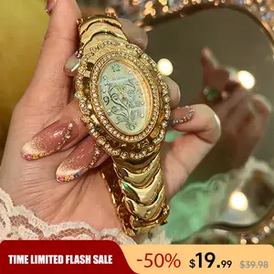 Luxury Vintage Noble Watch  featuring gold-plated oval design set with rhinestones, a mother-of-pearl engraved dial that exudes an oil painting–inspired premium feel. Light luxury snake-shaped steel strap with adjustable length—elegant and versati